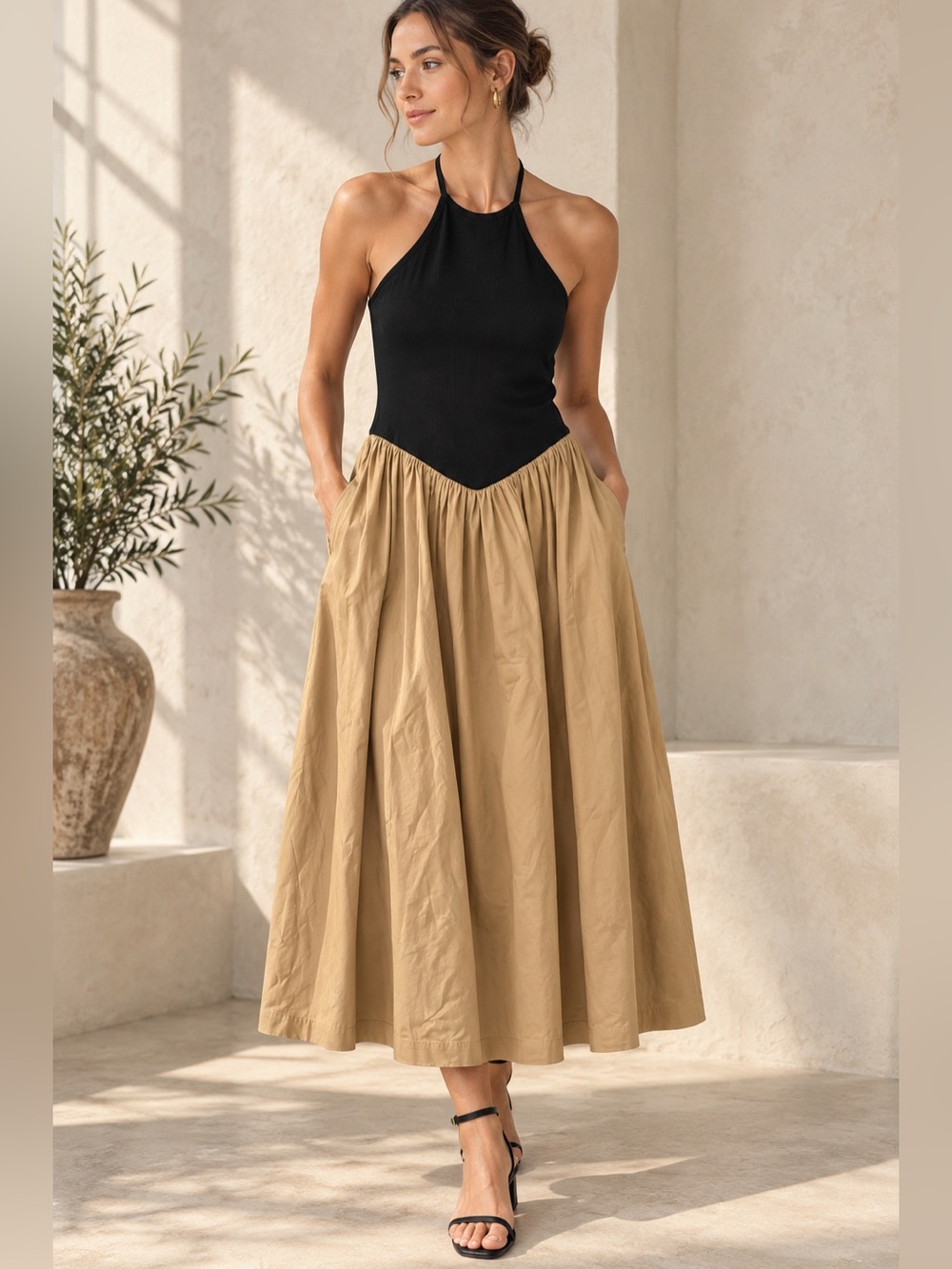 $169 Anthropologie Maeve Halter Basque-Waist Twofer Midi Dress Black Tan Medium
